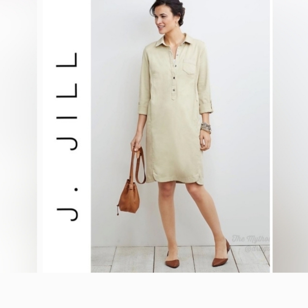 J. Jill Tan Shirt Dress Live In Chino Shirt Dress Womens Size 8 Petite Pockets